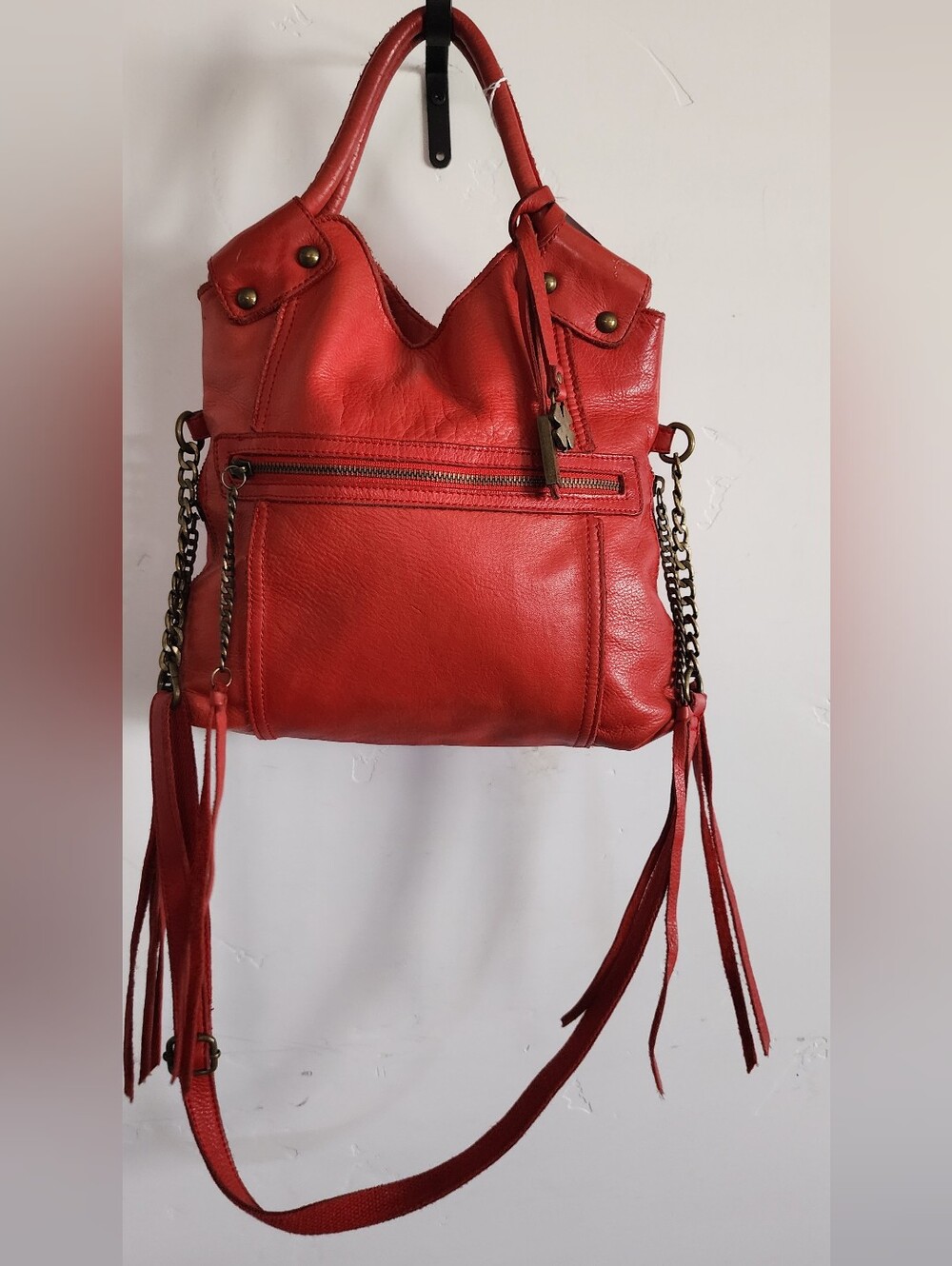 Lucky Brand Red Leather Fringe Shoulder Bag with Chain Straps